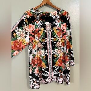 JM Collection Floral Black and Red Women's Top Sequined Jeweled Boho 2X NWT